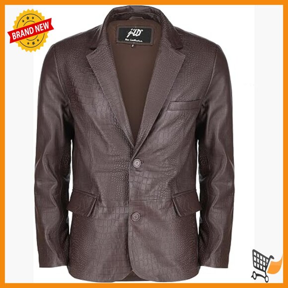 Men's Genuine Leather Blazer Jacket with Crocodile Print Two Button Closure